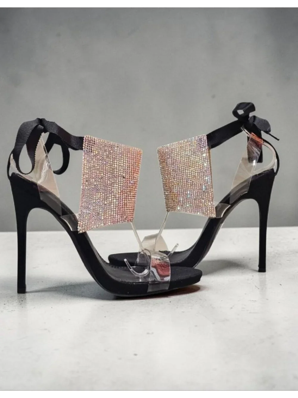 Black High Heel Sandals With Rhinestone Embellished Panels Clear Straps & Ribbon